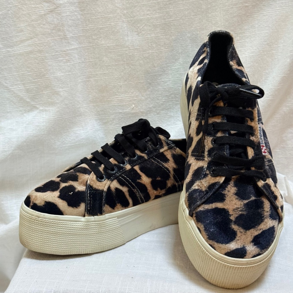 Superga 2790 Platform Sneakers 8 Leopard Print Velvet Low Top Tan Black Brown